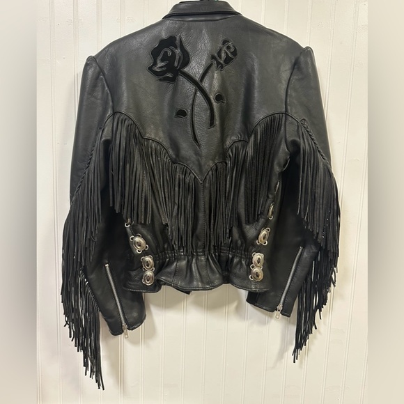 VTG Women’s Pro-Sports Leather Moto Jacket Fringe Conchos Roses Cinched Waist - Picture 15 of 15